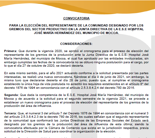 CONVOCATORIA HOSPITAL JOSE MARIA HERNANDEZ 2021